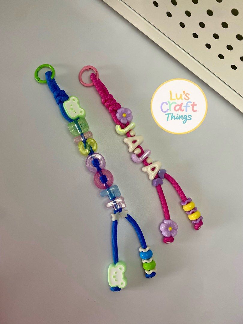 Customized Name Keychains (Category: Handmade Craft) located in Rodriguez. Submitted by lulufindsatbp (Listing ID 1424945891, Image 3). Description: Personalized Chunky Keychain Starts at ₱100 - 5 letters, with 1 special beads and free spacers Additional letters or special beads 5 pesos each. Sf will be shoulder by the buyer.