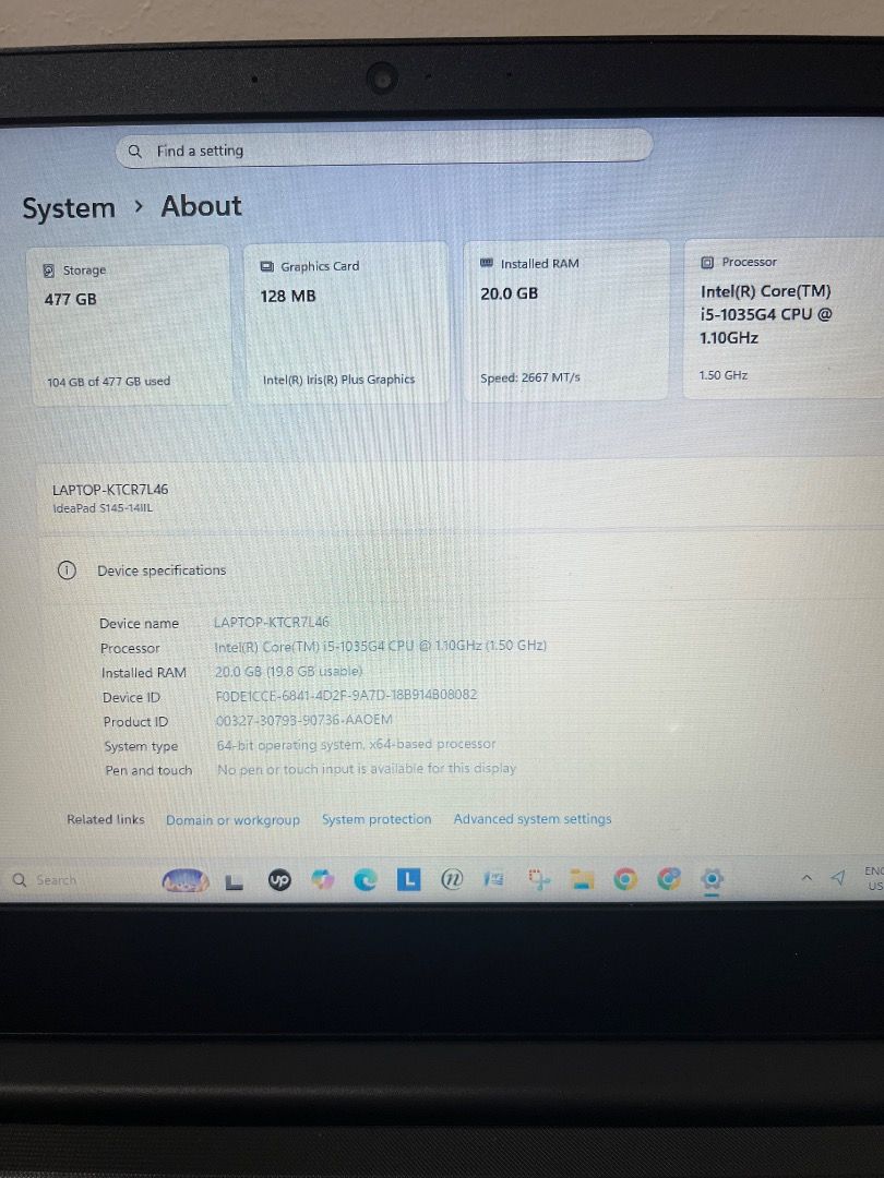 Lenovo IdeaPad S145 Laptop (Category: Laptops & Notebooks) located in San Jose. Submitted by annieblancovargas3812 (Listing ID 1424909445, Image 2). Description: Lenovo IdeaPad S145 laptop with charger and Lenovo bag. Features an Intel Core i5-1035G4 CPU, 20GB RAM, and 477GB storage. Includes a built-in webcam. The laptop is black..