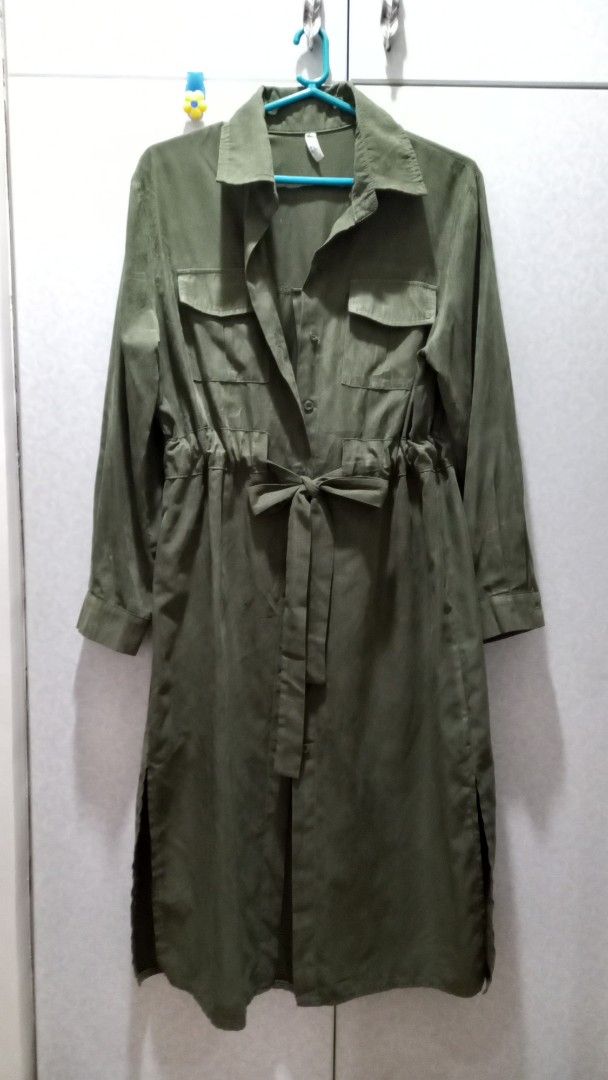 Olive Green Long Coat with Belt (Category: Coats, Jackets and Outerwear) located in Manila. Submitted by miss66449 (Listing ID 1424893854, Image 1). Description: slit both sides.