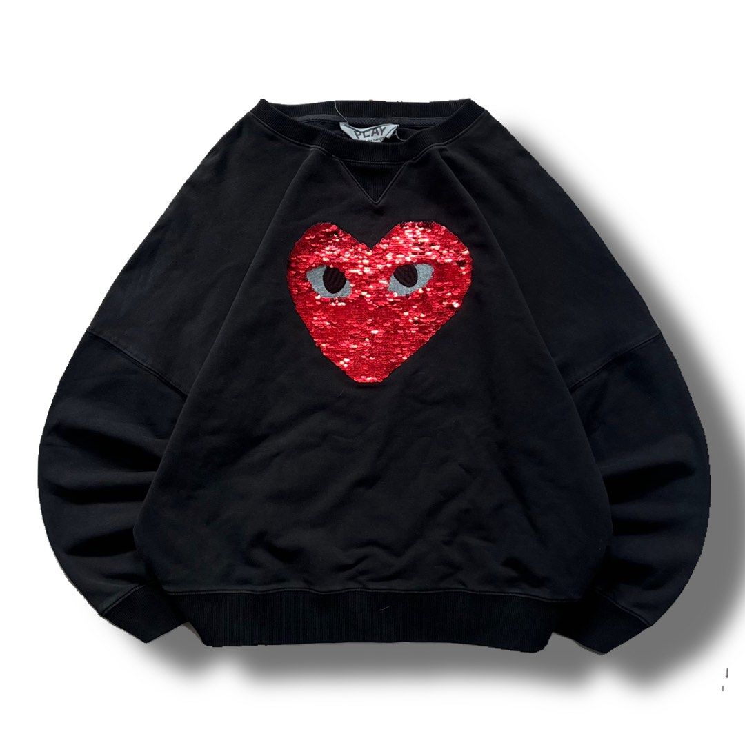 Play Comme des Garcons Sequin Heart Sweatshirt (Category: Coats, Jackets and Outerwear) located in Manila. Submitted by ricszsthrift (Listing ID 1425056894, Image 1). Description: W-23 L-23(almost) boxy fit 9/10 CONDITION 9/10 COLOR RATE .