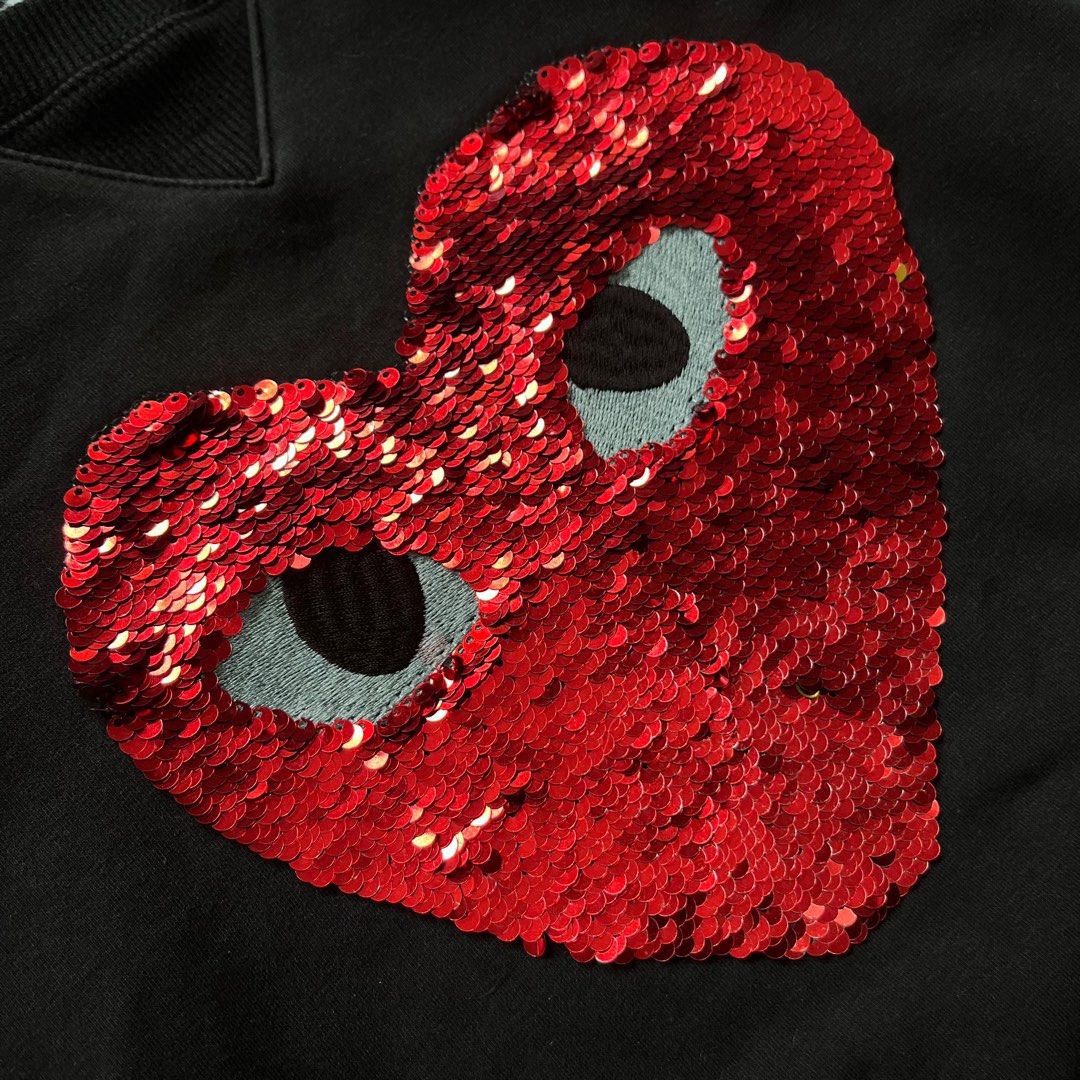 Play Comme des Garcons Sequin Heart Sweatshirt (Category: Coats, Jackets and Outerwear) located in Manila. Submitted by ricszsthrift (Listing ID 1425056894, Image 2). Description: W-23 L-23(almost) boxy fit 9/10 CONDITION 9/10 COLOR RATE .