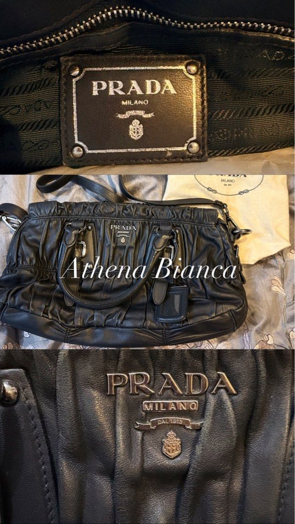PRADA Gaufre Nappa Bag Black 2010 (Category: Luxury Bags & Wallets) located in Manila. Submitted by 444goodones (Listing ID 1425026641, Image 1). Description: PRADA Gaufre Nappa Bag Black 2010 A timeless Prada classic crafted in luxuriously soft ruched nappa leather. The iconic gathered silhouette is complemented by signature PRADA Milano hardware, embodying effortless Italian elegance and craftsmanship. A sophisticated statement piece that remai