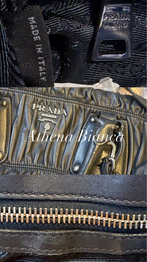 PRADA Gaufre Nappa Bag Black 2010 (Category: Luxury Bags & Wallets) located in Manila. Submitted by 444goodones (Listing ID 1425026641, Image 2). Description: PRADA Gaufre Nappa Bag Black 2010 A timeless Prada classic crafted in luxuriously soft ruched nappa leather. The iconic gathered silhouette is complemented by signature PRADA Milano hardware, embodying effortless Italian elegance and craftsmanship. A sophisticated statement piece that remai