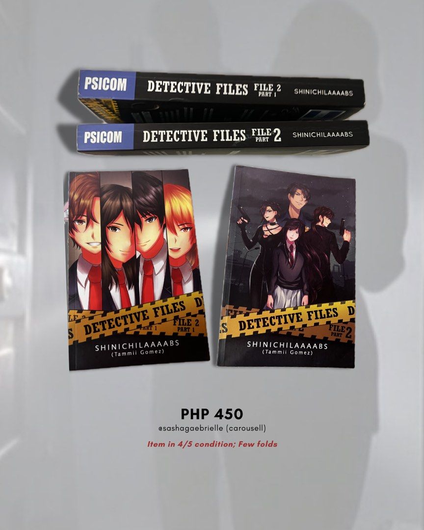 PSICOM Detective Files Part 1 & 2 by Shinichilaaaabs (Category: Storybooks) located in Makati City. Submitted by sashagaebrielle (Listing ID 1424894848, Image 1). Description: taguig,mnl based 📚 mop: bdo, gcash, maya mod: grab, lalamove, lbc, keywords: wattpad, romance, mystery, secondhand books, psicom.