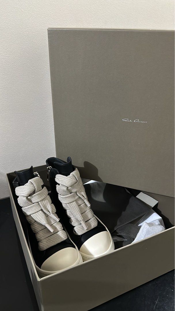 Rick Owens Jumbo Lace Sneakers (Category: Sneakers) located in Manila. Submitted by luvsosa (Listing ID 1424906793, Image 2). Description: -Available in High Cut/ Low Cut -All sizes are available -Mens/Womens -With Box and Tote Bag -MOP: Gcash or Bank Transfer -MOD: J&T or Lalamove.