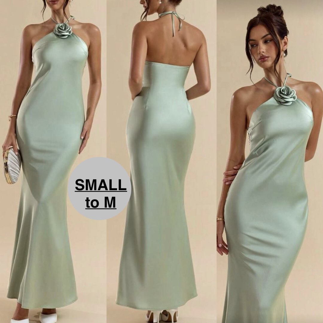 Sage Green Silk Satin Dress Halter Neck Satin Maxi Dress, Women's ...