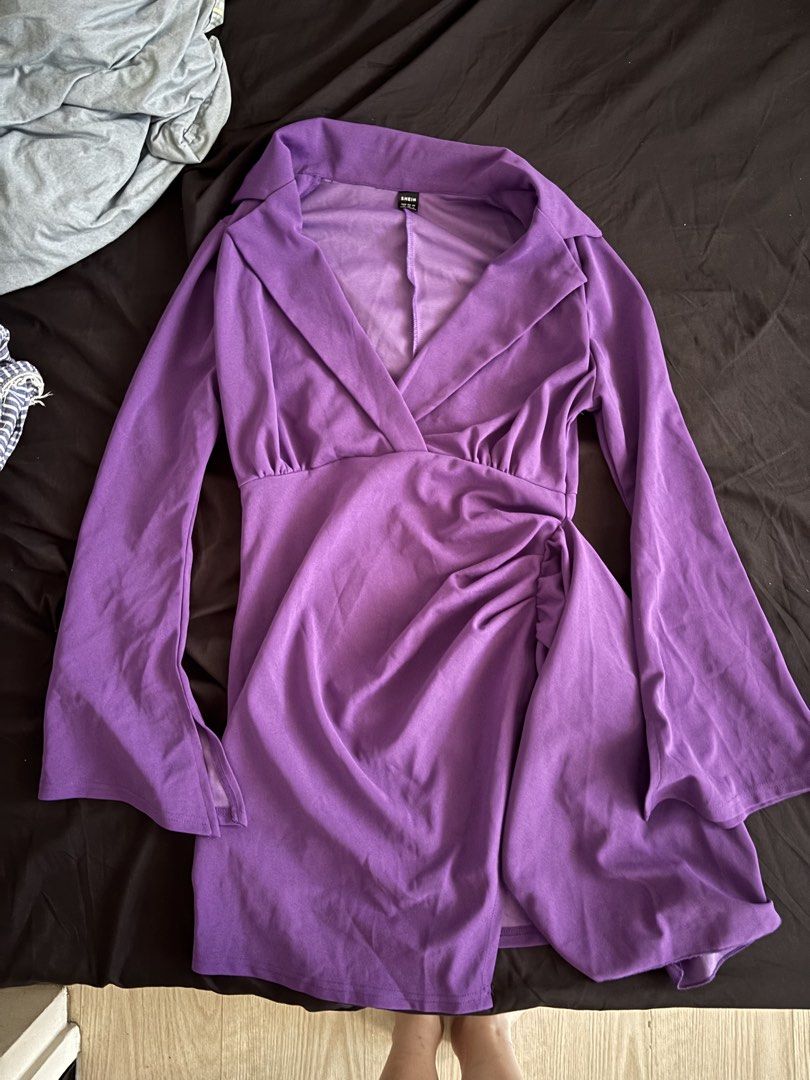 Shein Colar Wrap Hem Dress (Category: Dresses) located in Quezon City. Submitted by ryevxyz (Listing ID 1424935088, Image 2). Description: SUPER NICE NITOOO size: M condition: used once color: purple/violet the color may vary in the photo due to lighting.