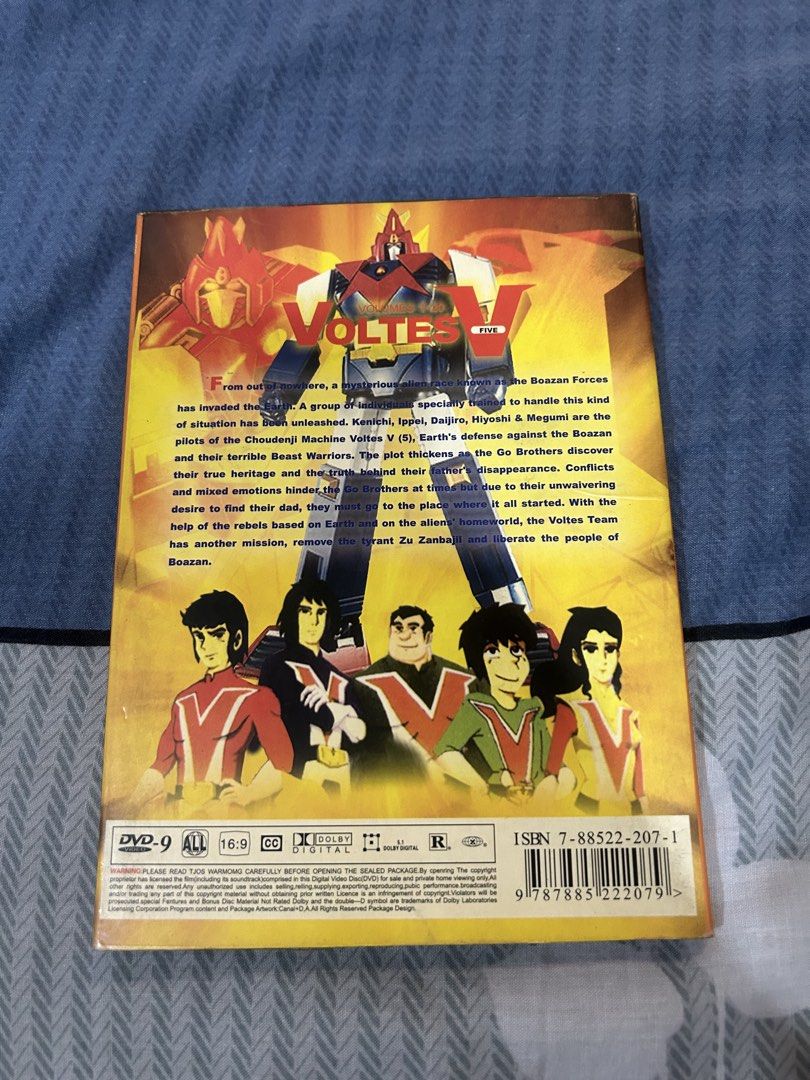 Voltes V DVD Set (Category: CDs & DVDs) located in Manila. Submitted by alainachu (Listing ID 1425033787, Image 3). Description: DVD set contains Voltes V episodes 1-20. It is the English version and includes DTS Digital Sound. The set features the Chodenji Machine Voltes V (5) series. The back of the box provides a brief synopsis of the story. The DVD-9 set is in 16:9 aspect ratio. Loc: Makati City.