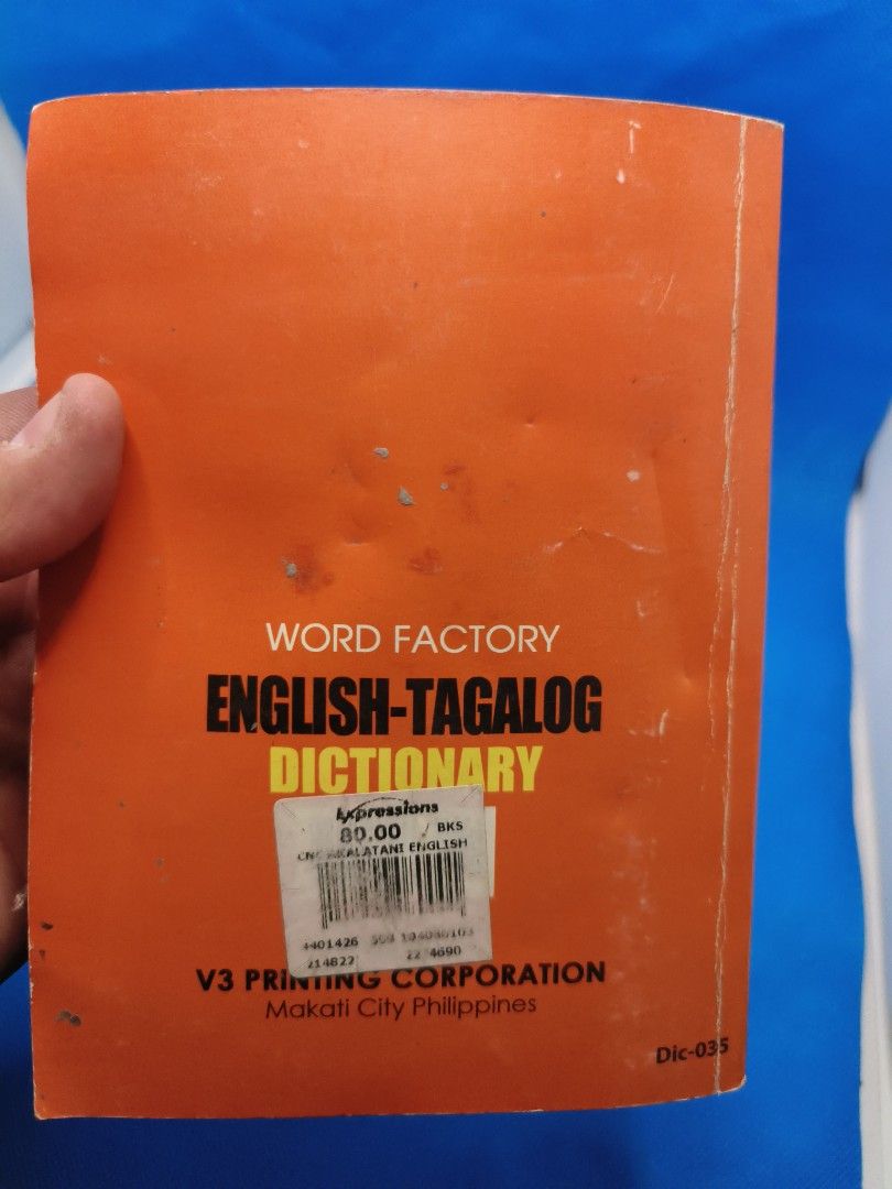 Word Factory English-Tagalog Dictionary (Category: Textbooks) located in Quezon City. Submitted by angeleye7.authentic.source (Listing ID 1424890090, Image 2). Description: English-Tagalog dictionary is edited by Donna Dela Cruz. It is up-to-date and contains essential English words translated in everyday Filipino. The dictionary is a perfect aid for writing, education, and research. It is easy to understand and suitable for students..