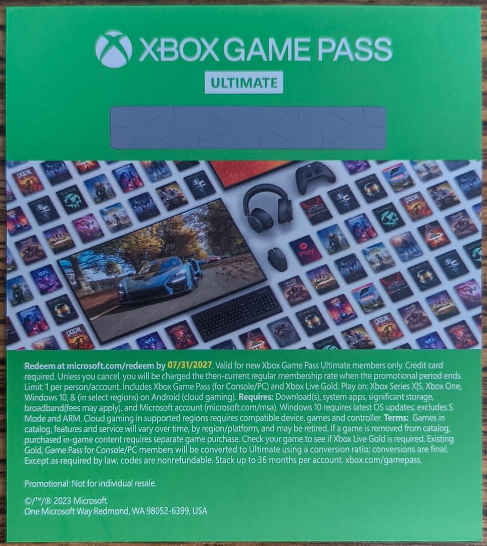 Xbox Game Pass Ultimate for PC and Xbox 1 month (Category: Xbox) located in Kawit. Submitted by ryuko.matoi (Listing ID 1424942378, Image 3). Description: Get access to Xbox Game Pass Ultimate. Includes Xbox Game Pass for Console/PC and Xbox Live Gold. Play on Xbox Series X|S, Xbox One, Windows 10, and Android (cloud gaming). Requires download(s), system apps, significant storage, broadband/fees may apply, and Microsoft account. Games and feature