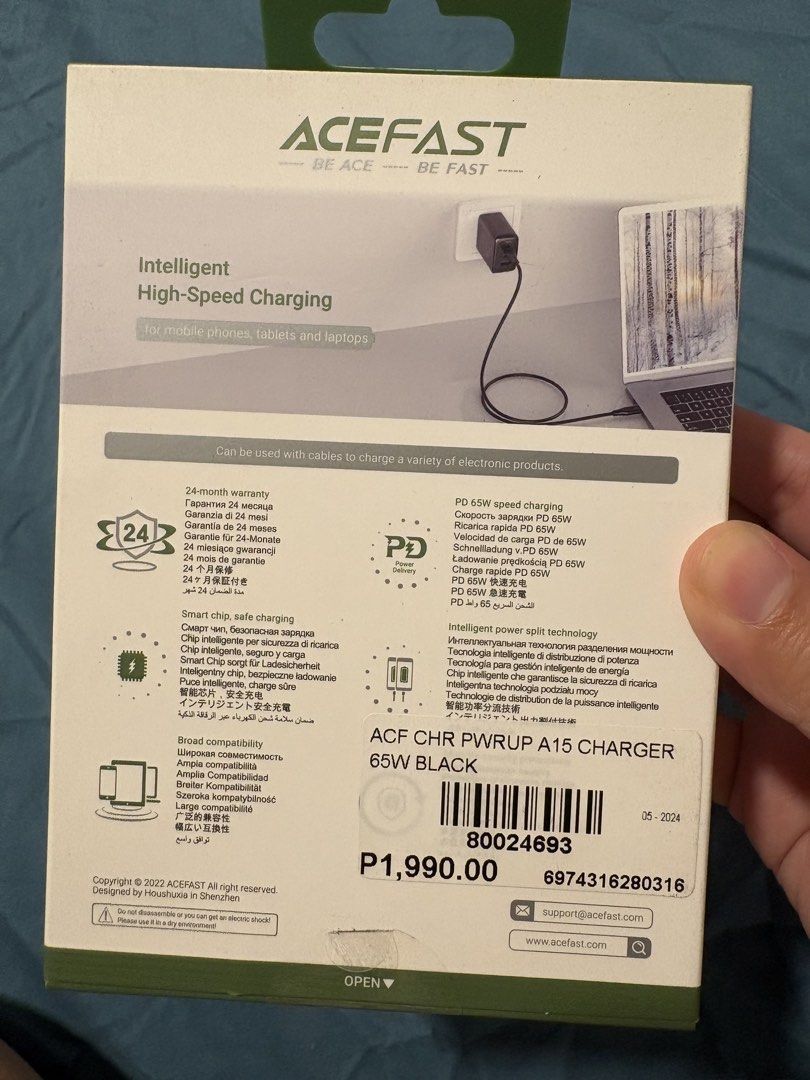 ACEFAST Super fast Charging Set 65W (Category: Cables & Adaptors) located in Pasig City. Submitted by jslfinds_ (Listing ID 1425196571, Image 2). Description: BNew Never Opened Acefast Super Fast Charging Set Original Price: ₱1,990.