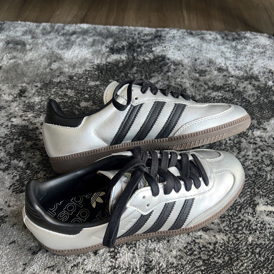Adidas Samba Silver Metallic/Black/Gum (Category: Sneakers) located in Quezon City. Submitted by Micaaf (Listing ID 1425155591, Image 1). Description: Authentic Samba Silver Metallic/Black/Gum ONCE USED This colorway still retails at 11-12k US 6.5 / UK 5 Brand New - Never been used No box Message me for more info 🙂.