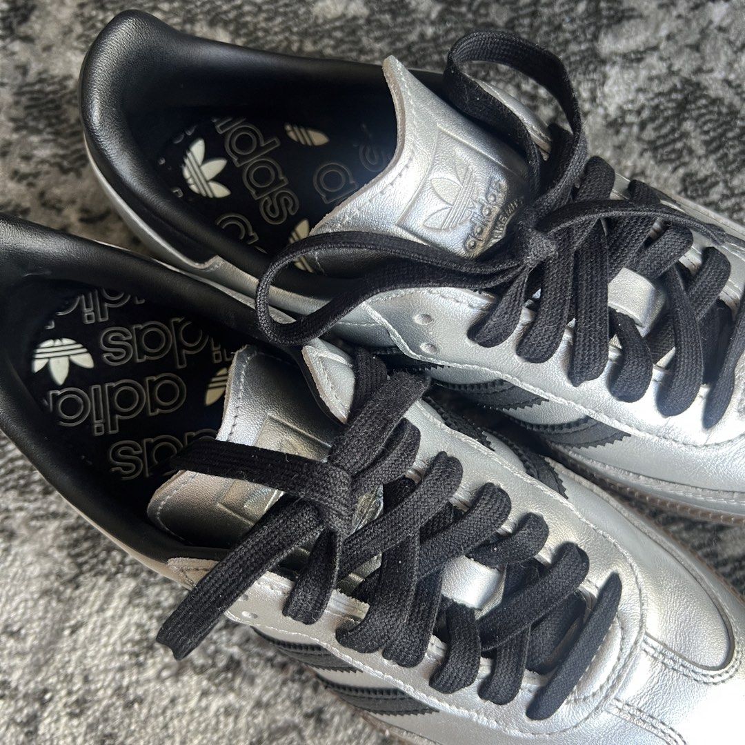 Adidas Samba Silver Metallic/Black/Gum (Category: Sneakers) located in Quezon City. Submitted by Micaaf (Listing ID 1425155591, Image 2). Description: Authentic Samba Silver Metallic/Black/Gum ONCE USED This colorway still retails at 11-12k US 6.5 / UK 5 Brand New - Never been used No box Message me for more info 🙂.