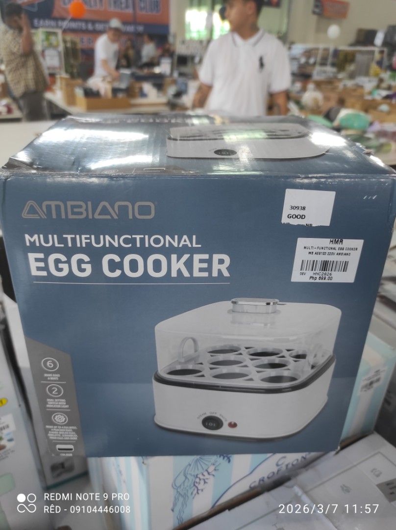 Ambiano Multifunctional Egg Cooker (Category: Cookers) located in Manila. Submitted by red_finders (Listing ID 1425187695, Image 1). Description: Ambiano Multifunctional Egg Cooker is a convenient appliance for cooking eggs. It has a white exterior with a clear lid, allowing you to monitor the cooking process. The cooker has a simple on/off switch and can cook multiple eggs at once. Perfect for quick and easy breakfasts!.