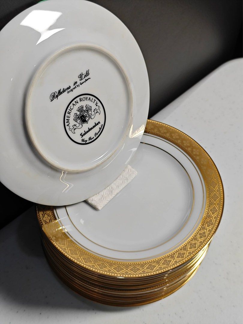 American Royalty Saladmaster Dinnerware Set (Category: Dinnerware & Cutlery) located in Paranaque City. Submitted by pncp1223 (Listing ID 1425212390, Image 3). Description: Saladmaster American Royalty Reflections in Gold – Designed by Gary Barr Vintage Saladmaster American Royalty fine china set in the elegant Reflections in Gold pattern designed by Gary Barr. Includes: Serving Pieces • XL Oval Charger – 34 cm (1) • Oval Platter – 29 cm (1) • Ve