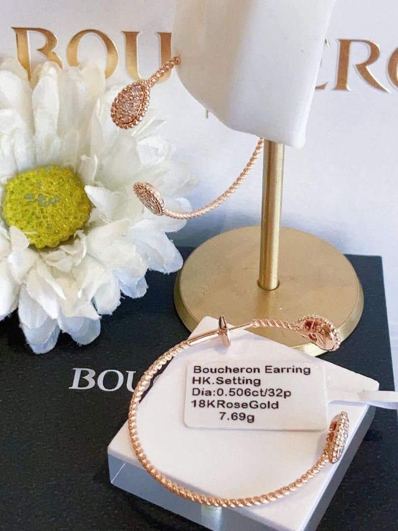 Boucheron Earrings 18K Rose Gold (Category: Earrings) located in Manila. Submitted by primejewelry (Listing ID 1425244426, Image 3). Description: Elegant Boucheron earrings in 18K rose gold. Features a delicate design with sparkling diamond accents. The earrings have a unique drop style with a matching bracelet. The bracelet has a twisted rope design. The earrings are marked with HK Setting and have a diamond weight of 0.506ct/32p. The bracelet w