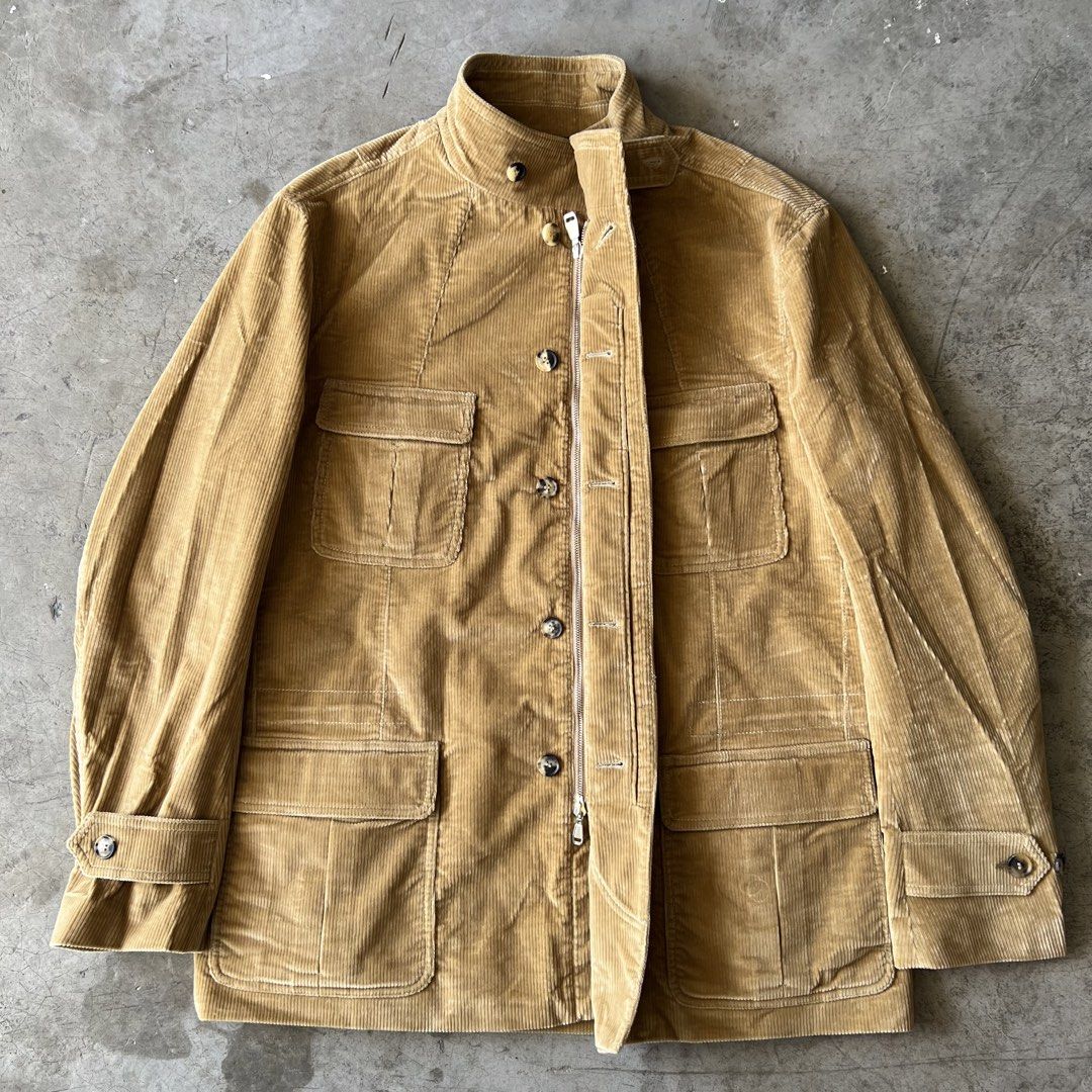 BRIONI - CORDUROY SAHARIANA JACKET (Category: Coats, Jackets and Outerwear) located in Cavite. Submitted by _Gizmo (Listing ID 1425143915, Image 2). Description: Brioni - Corduroy Sahariana Jacket Color: Khaki Size tagged: XXL Measurement Width: 24’ Inch Length: 33’ Inch Shoulder: 19’ Inch Sleeve: 26’ Inch Condition: 9/10 Material: Cotton, Cupro Made In Italy.