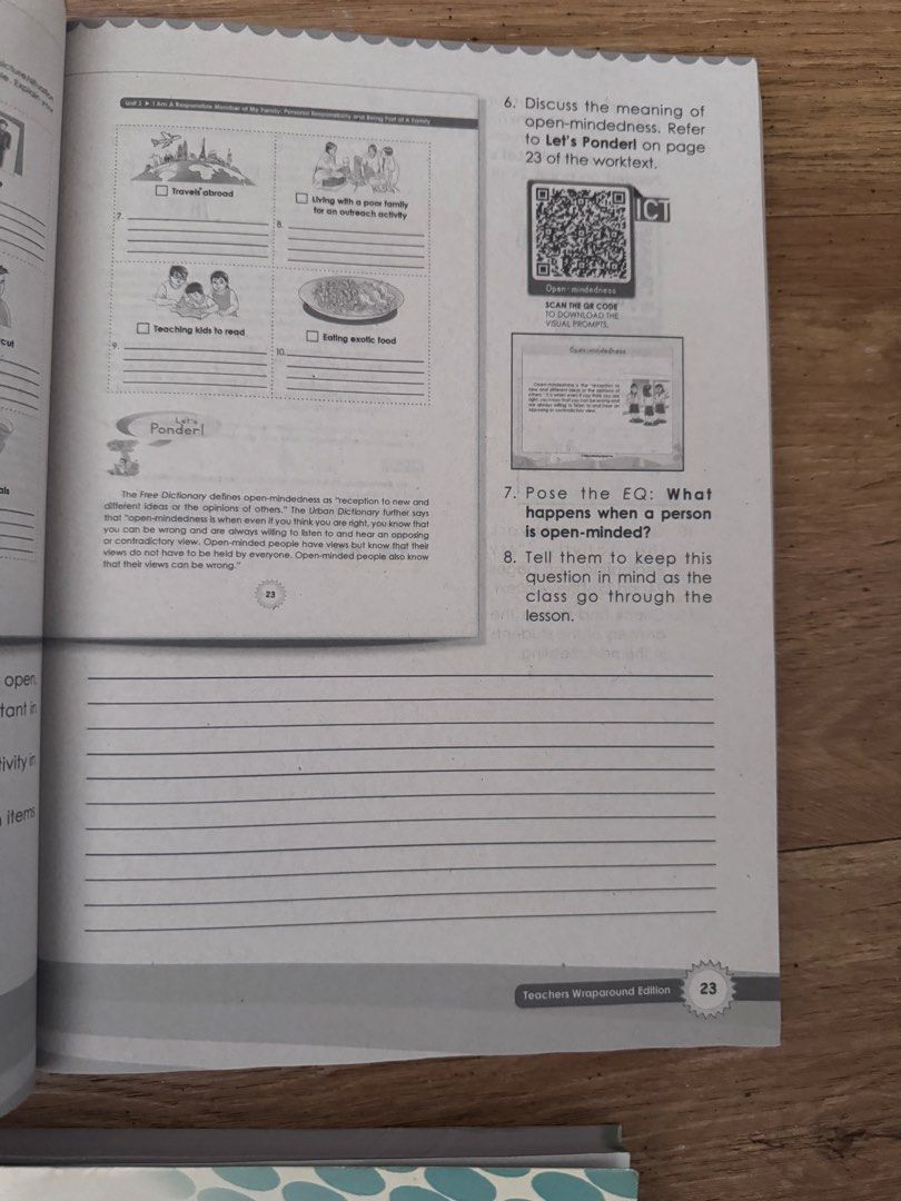 Character Formation for Nation Building Grade 6 (Category: Textbooks) located in Taguig. Submitted by dearestcatlady (Listing ID 1425081868, Image 3). Description: Teacher's Wraparound Edition of the Character Formation for Nation Building textbook for Grade 6 students. It is part of the Values Education Series and is K to 12 curriculum compliant. The book is coordinated by Mercy N. de Guia and Josephine C. Dango. It includes a combined worktext 
