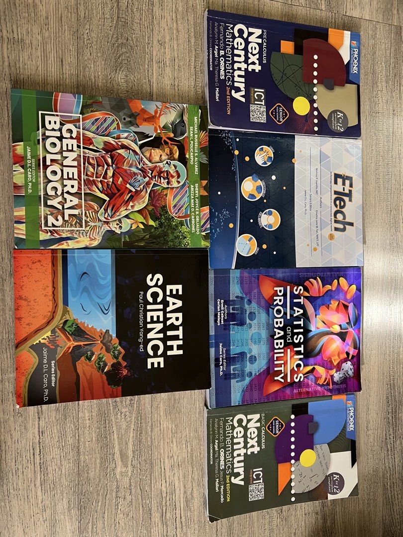 Educational Textbooks - Various Titles (GR 11&12) (Category: Textbooks) located in Manila. Submitted by xiaauma (Listing ID 1425056901, Image 1). Description: PRE CALCULUS 2ND EDITION E-TECH 2ND EDITION STATISTICS AND PROBABILITY BASIC CALCULUS 2ND EDITION GENERAL BIOLOGY 2 EARTH SCIENCE 200 EACH.
