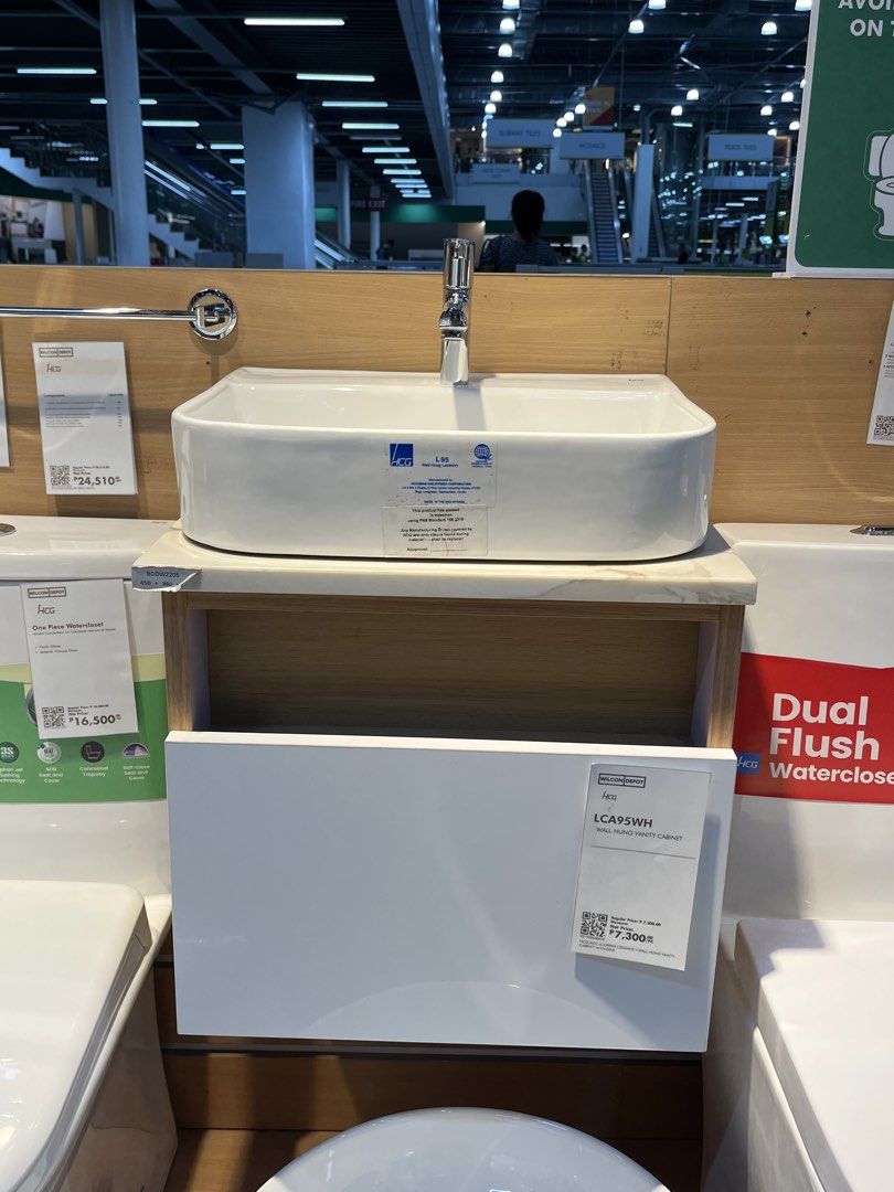 HCG L95 Wall Hung Vanity Cabinet (Category: Bathroom & Kitchen Fixtures) located in Manila. Submitted by gotgonlineshop (Listing ID 1425135662, Image 1). Description: SOLD AS SET ONLY bought from wilcon w/ receipt HCG L95 wall-hung vanity cabinet with a white ceramic sink. Includes a chrome faucet. The cabinet has a white drawer. The item is new and comes in its original box packaging never been opened. The sale includes the vanity cabinet, sink,