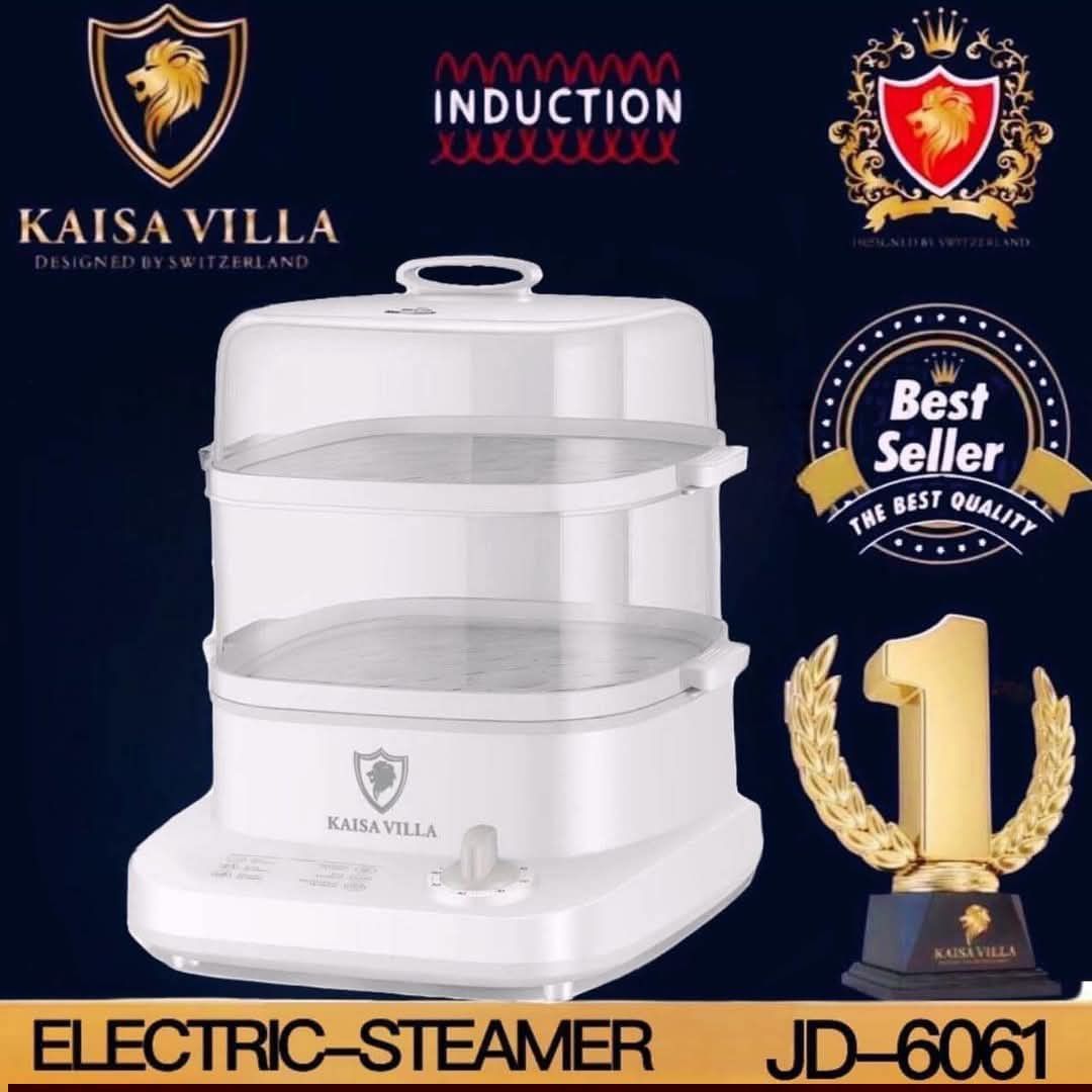 Kaisa Villa Electric Steamer JD-6061 (Category: Cookware & Accessories) located in Manila. Submitted by yzlshop (Listing ID 1425059237, Image 1). Description: Kaisa Villa Electric Steamer JD-6061 is designed in Switzerland. It features an induction heating system and is a best-selling product. The steamer has a white body with a transparent lid and two steaming tiers. It includes a control knob and a handle on top for easy use..
