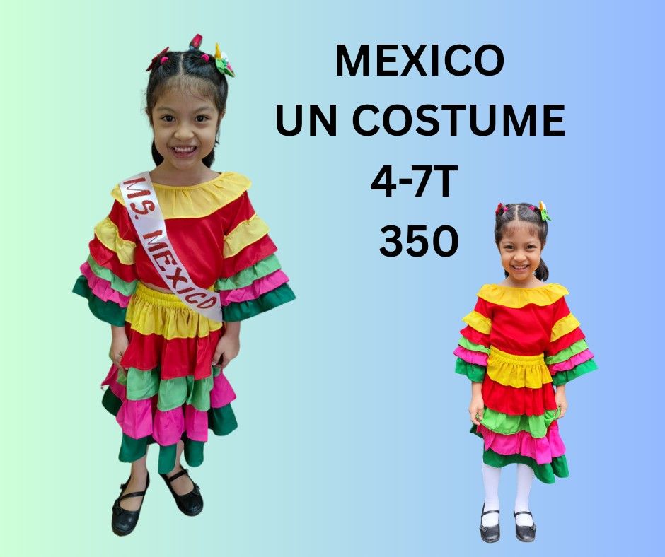 Mexico Costume for Kids (Category: Babies & Kids Fashion) located in Quezon City. Submitted by maypamor (Listing ID 1425132228, Image 1). Description: Adorable Mexico costume perfect for kids aged 4-7T. Features a vibrant red, yellow, green, and pink layered dress. Includes a sash that says "Ms. Mexico". Great for themed parties or events. The costume is colorful and eye-catching, ready to make your child stand out..
