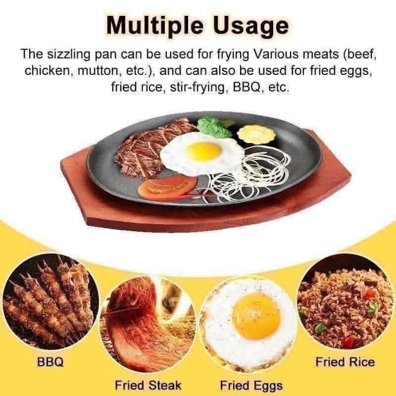 Oval Sizzling Plate with Wooden Base (Category: Cookware & Accessories) located in Manila. Submitted by yzcartph (Listing ID 1425075243, Image 2). Description: Sizzling plate is perfect for serving various dishes like steak, fried eggs, and fried rice. It comes with a wooden base for easy handling and serving. The plate is oval-shaped with a black finish and features grill lines. It's ideal for both home cooking and restaurant use. The plate is s