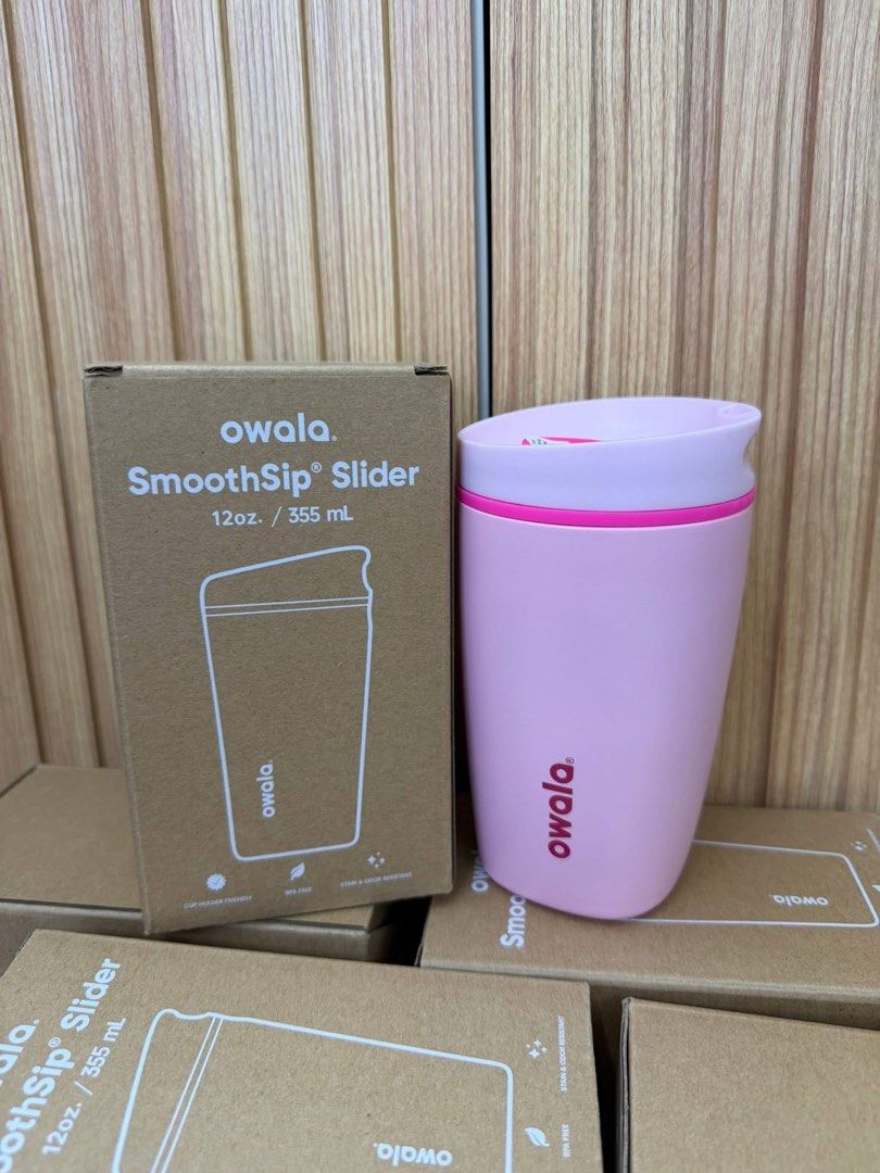 Owala SmoothSip Slider 12oz Tumbler (Category: Water Bottles & Tumblers) located in Valenzuela. Submitted by markailandco. (Listing ID 1425228809, Image 2). Description: Owala SmoothSip Slider tumbler. It has a 12oz / 355 mL capacity. The tumbler is pink with a pink lid and a red Owala logo. The box is included. All colors avail.