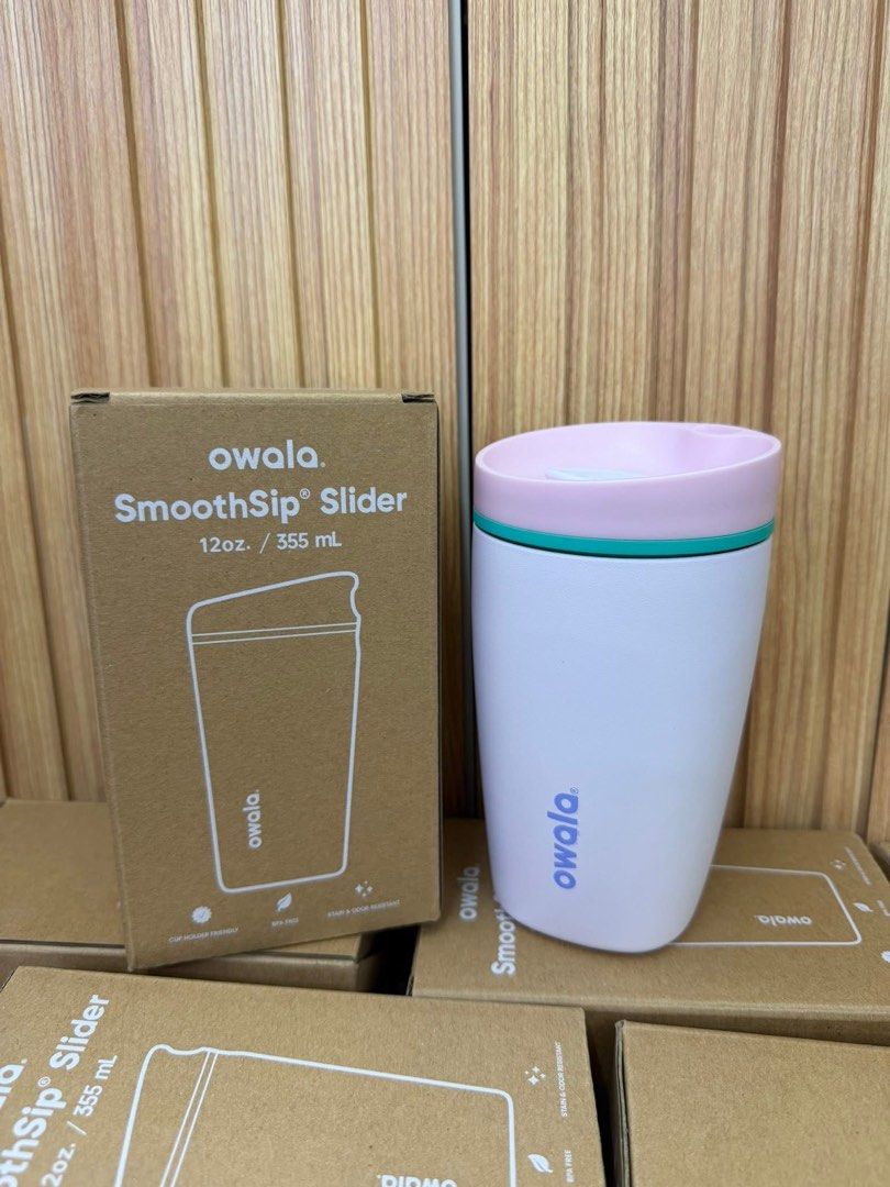 Owala SmoothSip Slider 12oz Tumbler (Category: Water Bottles & Tumblers) located in Valenzuela. Submitted by markailandco. (Listing ID 1425228809, Image 3). Description: Owala SmoothSip Slider tumbler. It has a 12oz / 355 mL capacity. The tumbler is pink with a pink lid and a red Owala logo. The box is included. All colors avail.