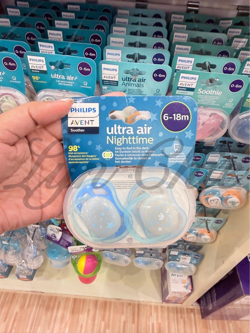 Philips Avent Ultra Air Nighttime Soother (Category: Soothers & Pacifiers) located in Las Pinas. Submitted by babyandmomstuffs (Listing ID 1425089447, Image 1). Description: Philips Avent Ultra Air Nighttime Soother for babies aged 6-18 months. Features glow-in-the-dark design for easy finding at night. Includes two pacifiers with extra airflow for maximum breathability. The product is new and sealed in its original packaging. Available also 0-6m