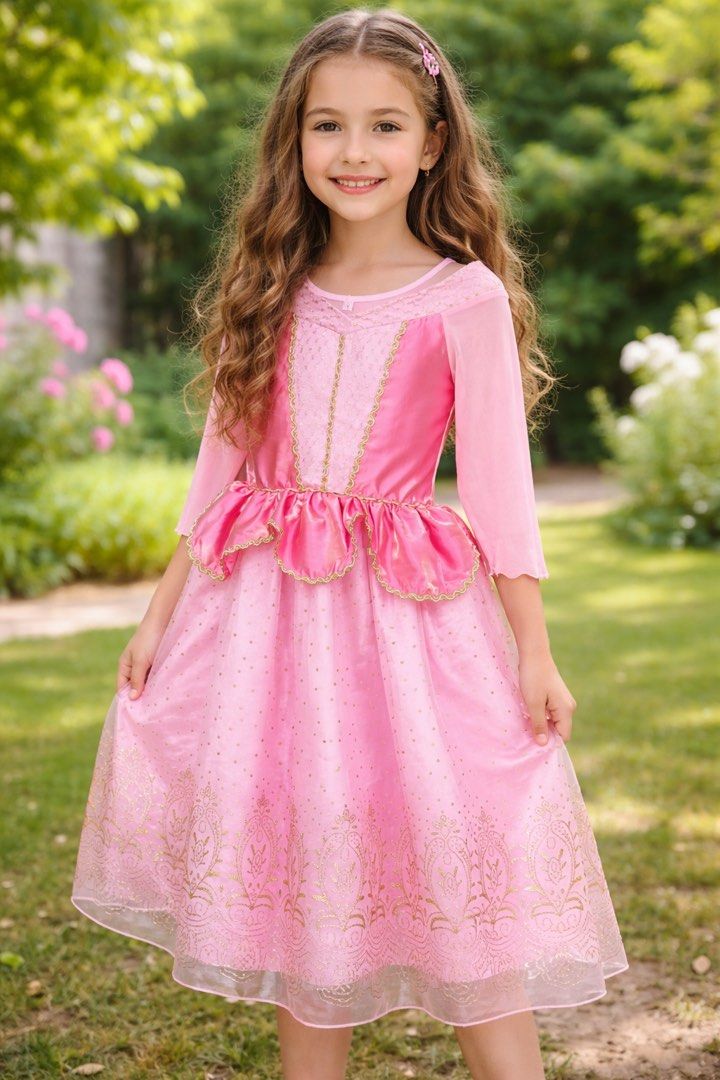 Princess Aurora Costume 7-9 y.old (Category: Babies & Kids Fashion) located in Taguig. Submitted by gzcollections (Listing ID 1425107675, Image 2). Description: Beautiful pink dress is perfect for any little princess! It features long sleeves, a layered bodice with gold trim, and a flowing skirt with gold detailing. The dress is designed to resemble Princess Aurora's iconic gown. It's ideal for dress-up, parties, or imaginative play. The dress is