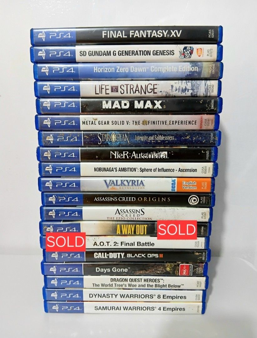 PS4 and PS3 Games - Various Titles 2 (Category: PlayStation) located in Las Pinas. Submitted by preciousthingsph (Listing ID 1425134603, Image 1). Description: Selling a variety of PS4 games. Titles include Final Fantasy XV, Horizon Zero Dawn: Complete Edition, Life is Strange, Mad Max, Metal Gear Solid V: The Definitive Experience, and more. Also available: SD Gundam G Generation Genesis, NieR:Automata, and Assassin's Creed Origins. Some games a