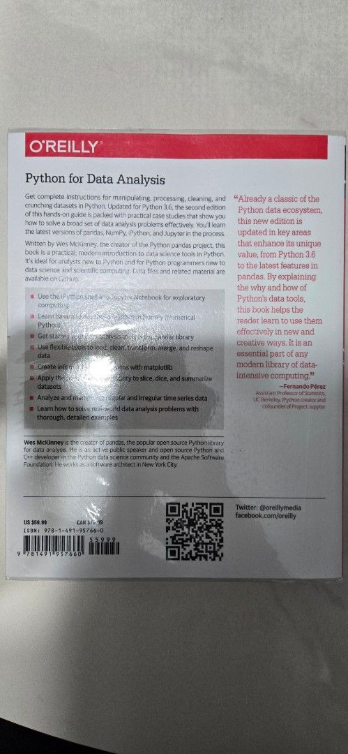 Python for Data Analysis 2nd Edition （分類：教科書）位於 Hong Kong。 由 trololo0_0 提交（商品編號 1425155285，圖片 2）。簡介： Book is the 2nd edition of Python for Data Analysis by Wes McKinney. It is published by O'Reilly. The book covers topics related to data analysis using Python. It includes information on pandas, NumPy, and other relevant libraries. The book's back cover provides a summary of its contents and intended audience.。