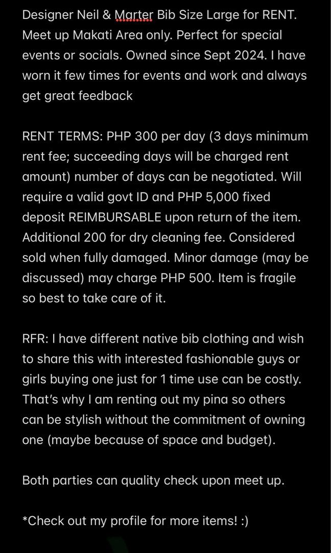 [RENT/SALE] Designer Neil & Marter custom Half Bib Binakol (Category: Vests) located in Manila. Submitted by bas_and (Listing ID 1425136333, Image 3). Description: Posted price is Rent sale price is 4500 negotiable See photo for Rent instructions Fabric Binakol from Abra Fits M-L-XL.