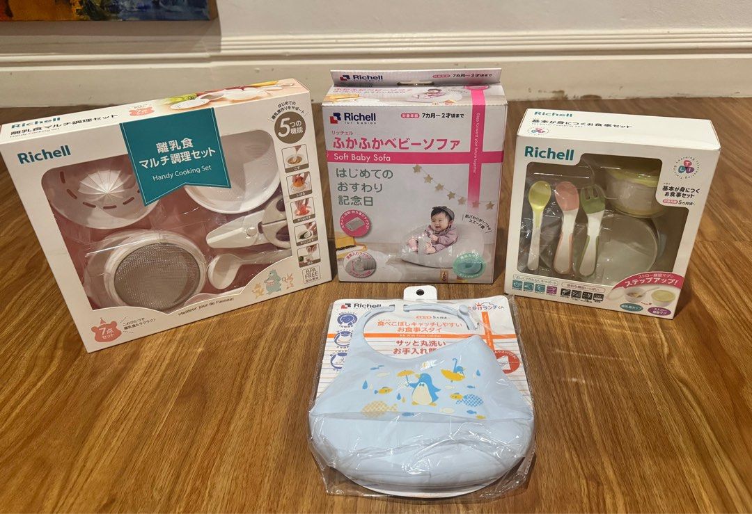 Richell Feeding Set, Cooking Set, Bib and Soft Baby Sofa (Category: Weaning & Toddler Feeding) located in Manila. Submitted by pandorasclosetph (Listing ID 1425198274, Image 1). Description: All Brand New. Sold as set. Original price Feeding Set-1,200 Cooking Set- 1, 200 Baby Sofa- 1,280 Bib- 390 Total: 4,070 selling it for 2999 only.