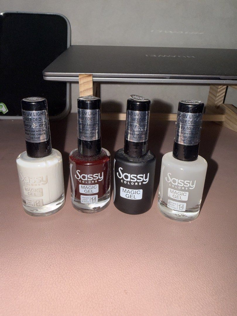 Sassy Colors Magic Gel Nail Polish Set (Category: Hands & Nails) located in Manila. Submitted by ab_jaede (Listing ID 1425171114, Image 2). Description: Set of four Sassy Colors Magic Gel nail polishes. Includes Vanilla Pop, Burgundy, Gel Top Coat, and Gel Base Coat..