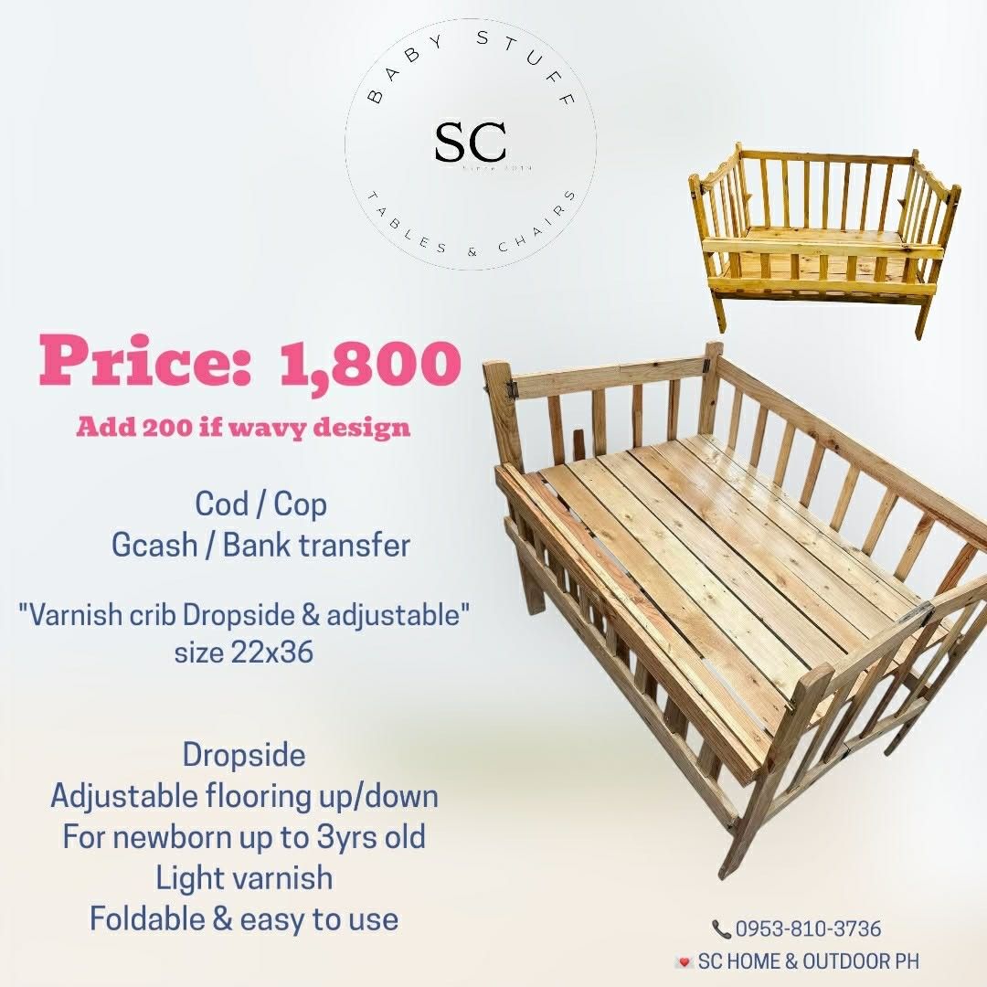 Wooden baby crib (Category: Cots & Cribs) located in Manila. Submitted by shairamaetorres (Listing ID 1425208955, Image 2). Description: - Wooden baby cribs available - Adjustable flooring (newborn to 3-4 years old) - Available in various sizes (22x36, 24x40) - Finishes: Varnish, White paint - Some models with dropside feature - Foldable and easy to use - Beddings available.