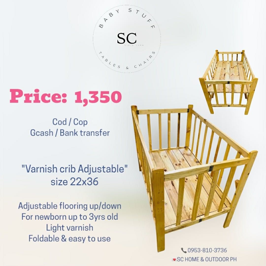 Wooden baby crib (Category: Cots & Cribs) located in Manila. Submitted by shairamaetorres (Listing ID 1425208955, Image 1). Description: - Wooden baby cribs available - Adjustable flooring (newborn to 3-4 years old) - Available in various sizes (22x36, 24x40) - Finishes: Varnish, White paint - Some models with dropside feature - Foldable and easy to use - Beddings available.