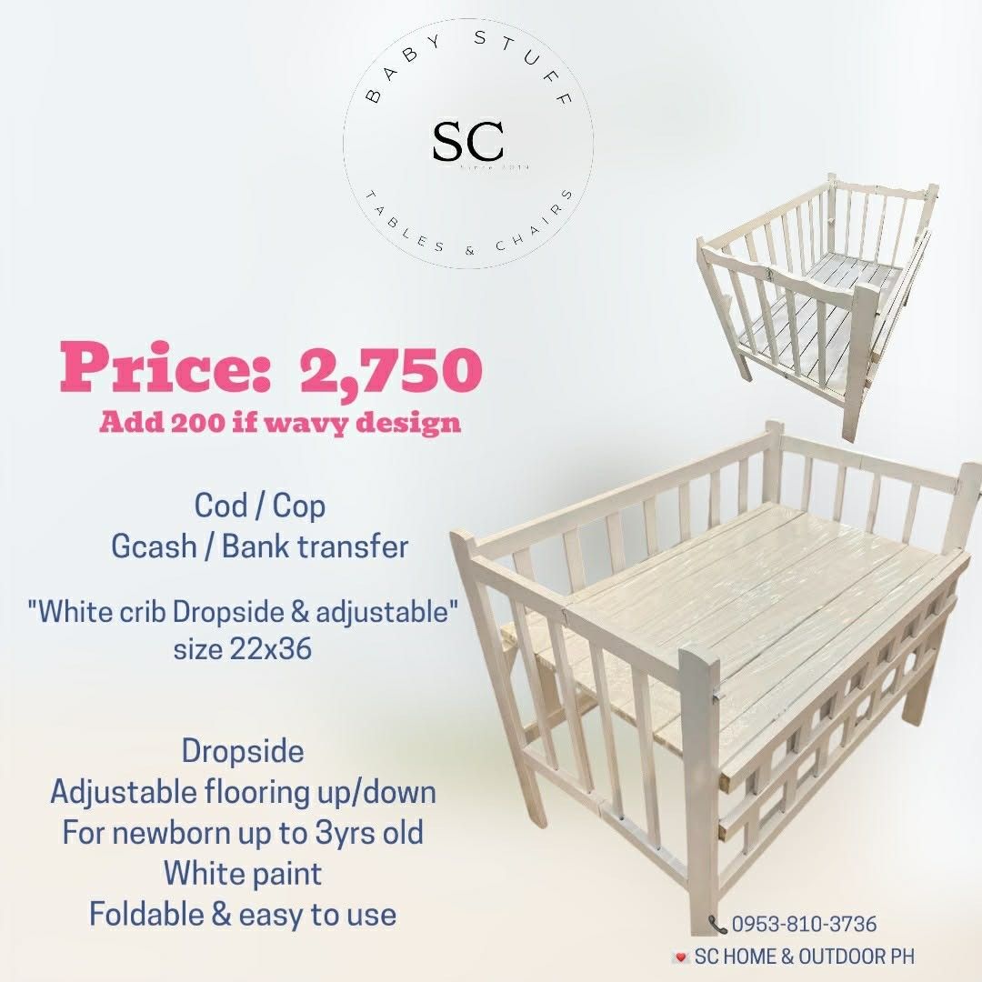 Wooden baby crib (Category: Cots & Cribs) located in Manila. Submitted by shairamaetorres (Listing ID 1425208955, Image 3). Description: - Wooden baby cribs available - Adjustable flooring (newborn to 3-4 years old) - Available in various sizes (22x36, 24x40) - Finishes: Varnish, White paint - Some models with dropside feature - Foldable and easy to use - Beddings available.