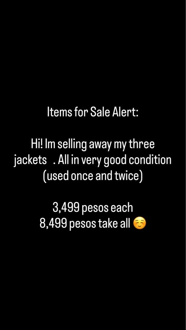 Zara Jackets (Category: Coats, Jackets and Outerwear) located in Quezon City. Submitted by alexanderwayne (Listing ID 1425134414, Image 1). Description: FOR SALE!!! Used like new Jackets. All in very very good condition. Brands: Zara and Bershka, sizes: Small (fits Medium). 3499 each. 8499 take all! 😁.