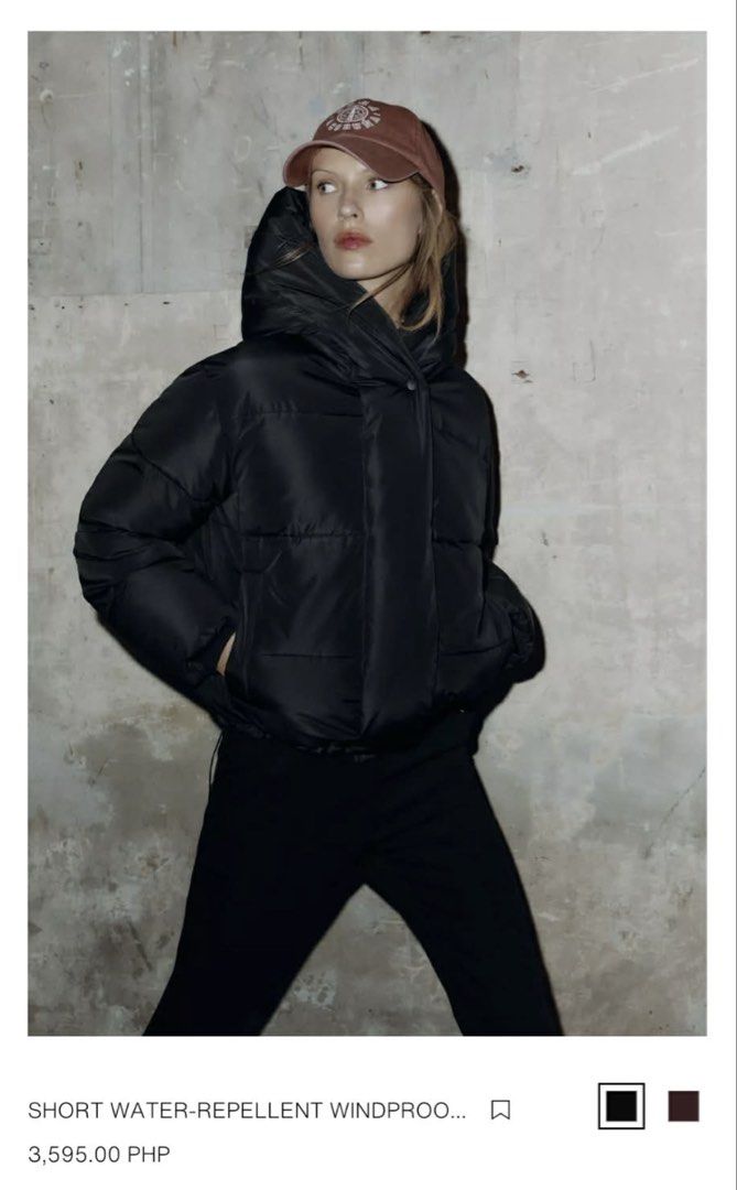 Zara short water-repellent windproof padded jacket (Category: Coats, Jackets and Outerwear) located in Masbate. Submitted by anjcbr (Listing ID 1425118353, Image 1). Description: - Zara short water-repellent windproof padded jacket - First photo: screenshot from Zara app - Second photo: actual photo in store (sent to me before purchasing) - Third photo: actual photo now (used twice, washed once) - Original price: ₱3595 - Slight color variations o