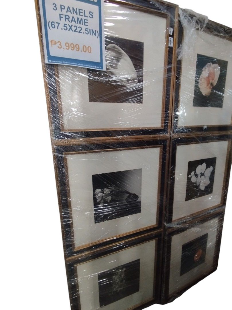 3 Panel Frame (67.5x22.5in) (Category: Frames & Pictures) located in Caloocan City. Submitted by dhiony (Listing ID 1425259192, Image 1). Description: -Set of three framed panels. Each panel features a different artwork. -The frames have a black and gold trim. The dimensions are 67.5 inches by 22.5 inches. -The price is P3,999.00..
