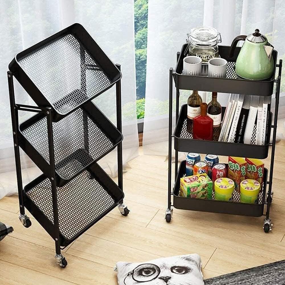 3-Tier Metal Rolling Cart - Foldable (Category: Other Home Furniture) located in Manila. Submitted by lyfrancois14 (Listing ID 1425271804, Image 1). Description: 3-tier rolling cart is perfect for extra storage. It features a foldable design for easy storage when not in use. The cart has three mesh trays and is easy to assemble. It is suitable for use in the kitchen, bathroom, or any room needing extra storage space. Available in black and teal..