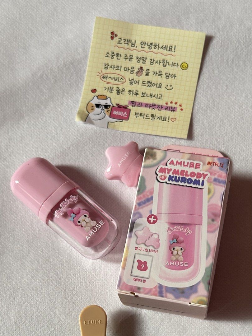 Amuse my melody kuromi collab liptint (Category: Makeup) located in Rizal. Submitted by reyshishibal (Listing ID 1425319943, Image 1). Description: SHADE: 11 Vanilla Apricot - brandnew and sealed - can send video condi - with card included - authentic official, scan the barcode to check authenticity - est sf if jnt: around 50 only ✅installment (original price+ 100) in 2 months.