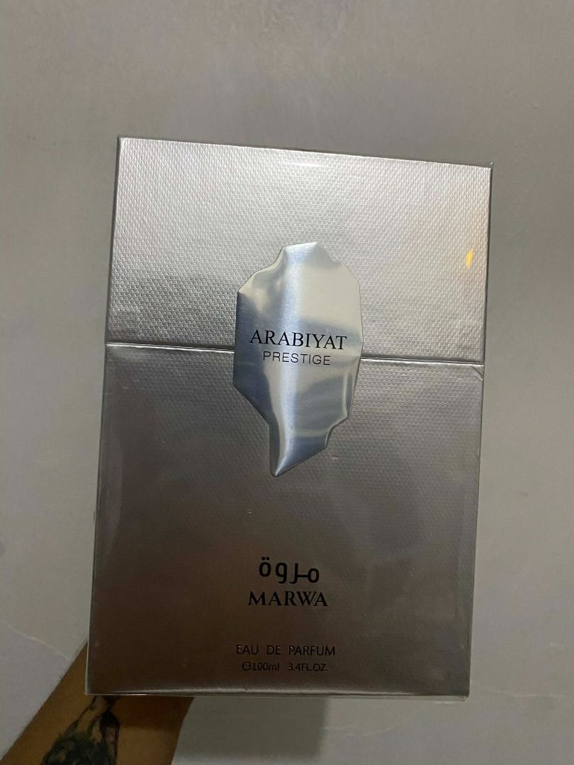 Arabiyat Prestige Marwa Eau de Parfum 100ml (Category: Fragrance & Deodorants) located in Makati City. Submitted by fragzilla (Listing ID 1425423029, Image 1). Description: Arabiyat Prestige Marwa Eau de Parfum. This fragrance comes in a 100ml bottle. The box has a silver finish with the brand name and fragrance name clearly displayed. It is an Eau de Parfum..