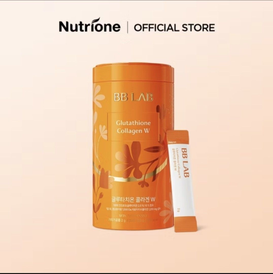 BB LAB Intensive Glutathione Collagen W (Category: Health Food, Drinks & Tonics) located in Caloocan City. Submitted by _proverbs31woman (Listing ID 1425435223, Image 1). Description: - BB LAB Glutathione Collagen W supplement - Convenient individual sachets - Orange container with brand details - Orange and white sachets with brand and product name - From the official Nutríone store.