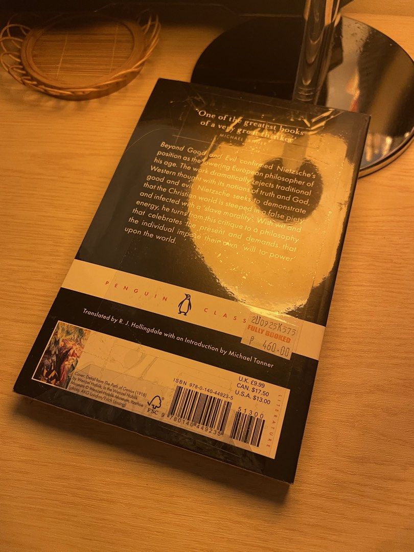 Beyond Good and Evil by Friedrich Nietzche (Category: Storybooks) located in Cebu City. Submitted by gene.cartz (Listing ID 1425440695, Image 2). Description: 🏌️ item desc: sealed & never opened 🏌️ og price: 460 (as seen in 2nd pic), bought in fullybooked 🏌️ rfs: dupe 🏌️ mop: gcash/gotyme/maya 🏌️ mod: angkas or maxim (within cebu citu), jnt (outside ceb) .