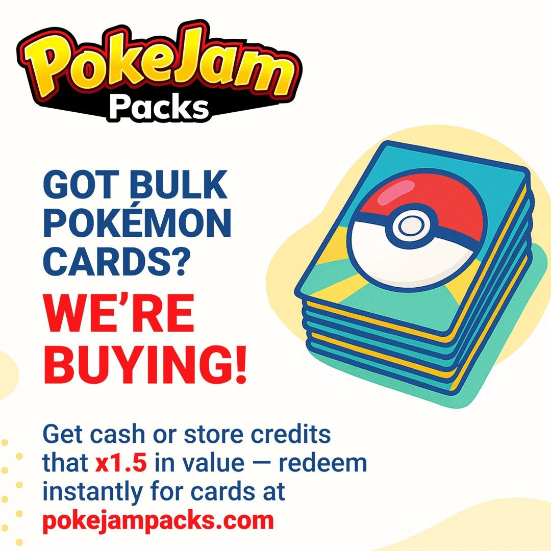 Buying Pokemon Card Bulks (Category: Raw Singles) located in Rizal. Submitted by bfintal (Listing ID 1425302115, Image 1). Description: We are buying bulk Pokémon TCG cards. If you have 1k+ cards, send us a message here for our price list. We can also offer counting if they are a lot and if you do not have time to count. Also available 1.5x cash equivalent store credit instead of cash. https://pokejampacks.com.