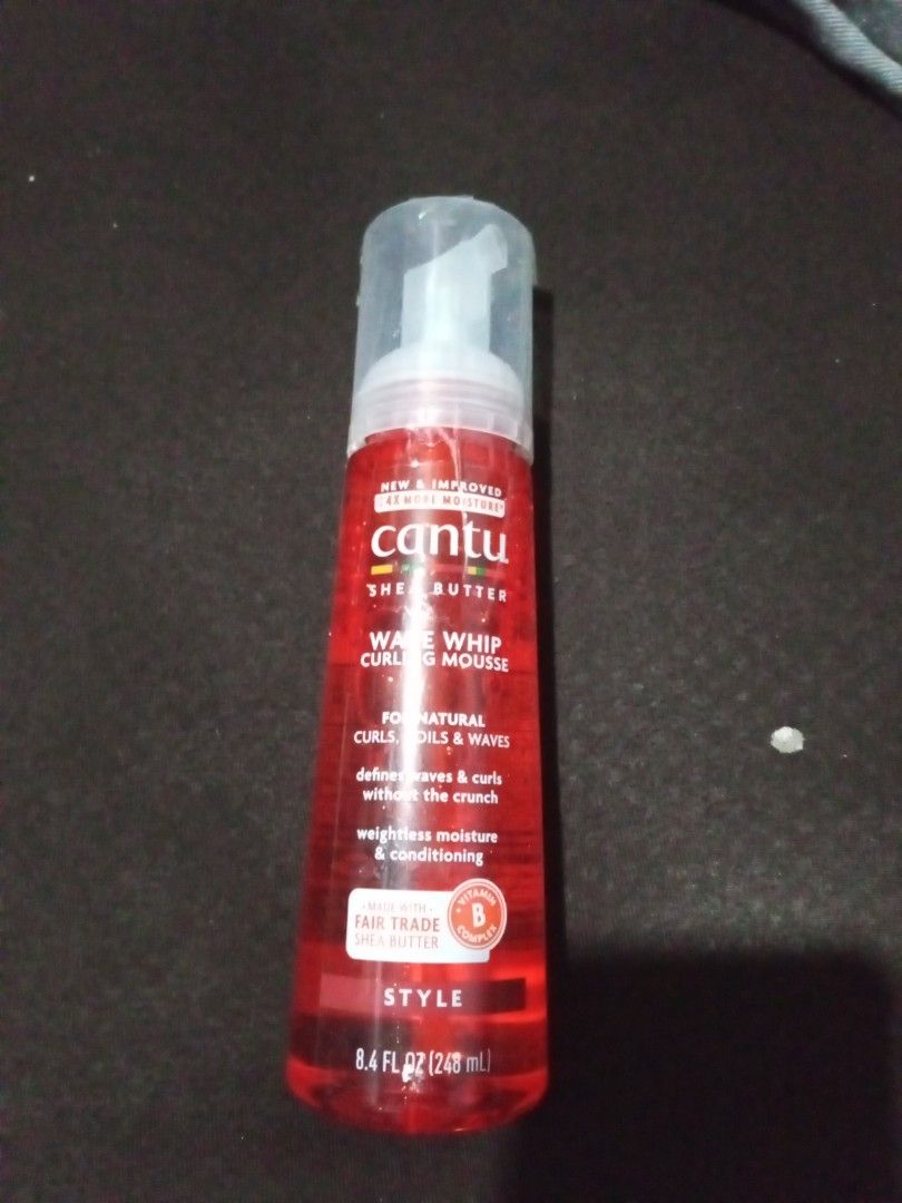 Cantu Shea Butter Wave Whip Curling Mousse (Category: Hair) located in Las Pinas. Submitted by apsmahusay2 (Listing ID 1425282221, Image 1). Description: Cantu Shea Butter Wave Whip Curling Mousse for natural curls, coils, and waves. It defines waves and curls without the crunch. It provides weightless moisture and conditioning. The bottle contains 8.4 fl oz (248 ml)..