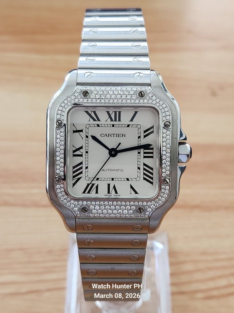 Cartier Santos De Cartier Automatic Watch (Category: Luxury Watches) located in Muntinlupa City. Submitted by watch.hunter.ph (Listing ID 1425334758, Image 2). Description: Cartier Santos Medium Factory Diamonds DOP : 2021. Warranty until 2029 W4SA0005 Full set. Box Card Watch Open for Authentication Meetup for sure buyers DM for inquiries..